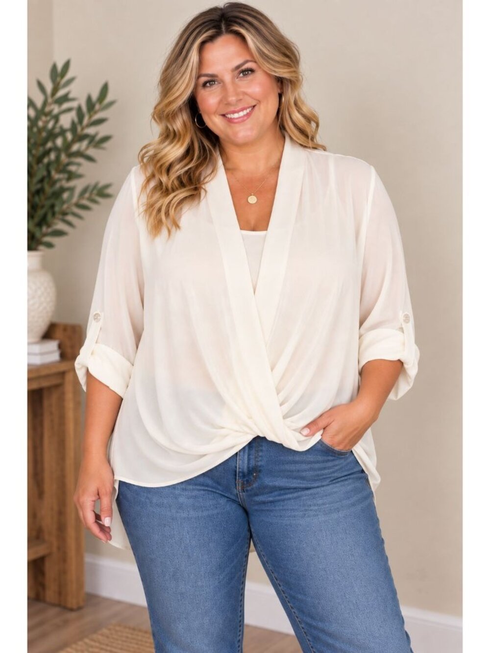 NWOT BOOHOO Women's Ivory Draped Faux Wrap Tab Sleeve Blouse Size 16
